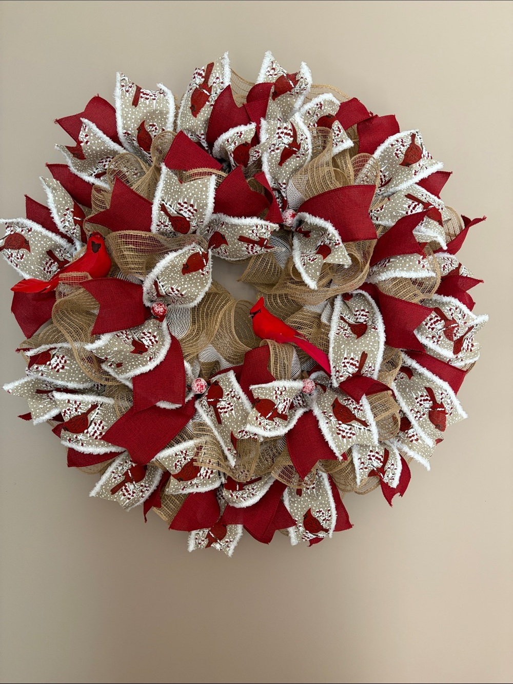 Red & Natural Holiday Wreath with Cardinal Accents